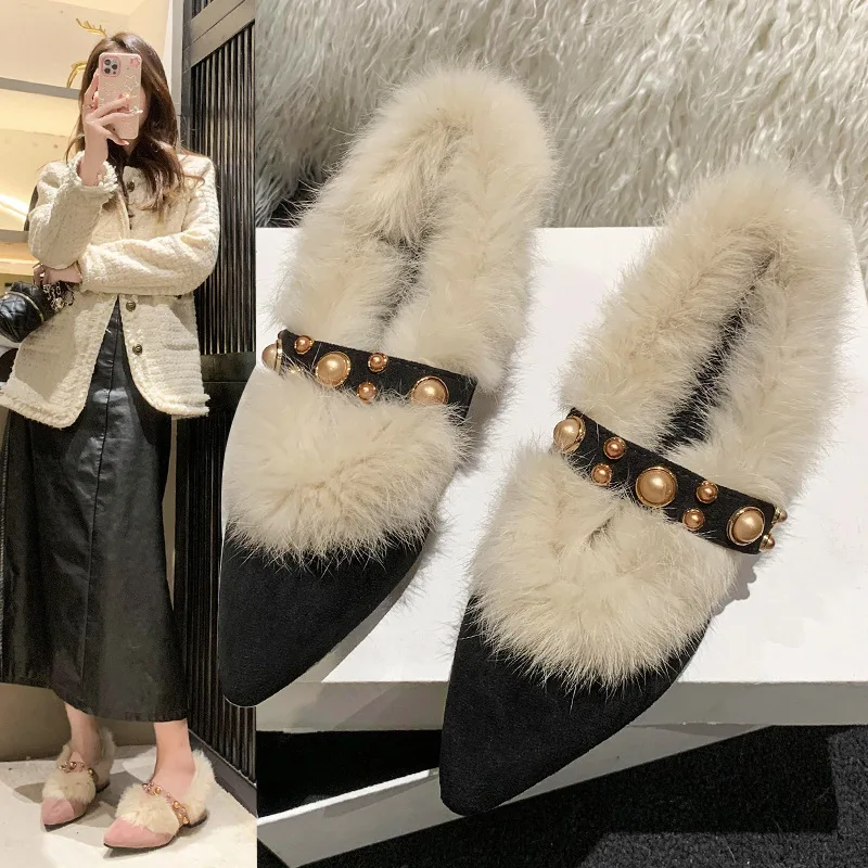 

2025 New Autumn Winter Furry Heels for Women Korean Style Pointed Toe Slip On Chunky Mid Heel Fleece Lined Warm Shoes