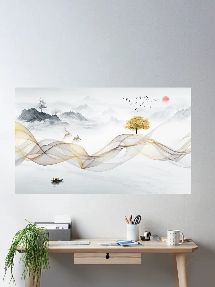

New Chinese-style abstract ink landscape with smoke and lines background wall, Print Art Canvas Poster, For Living Room Decor