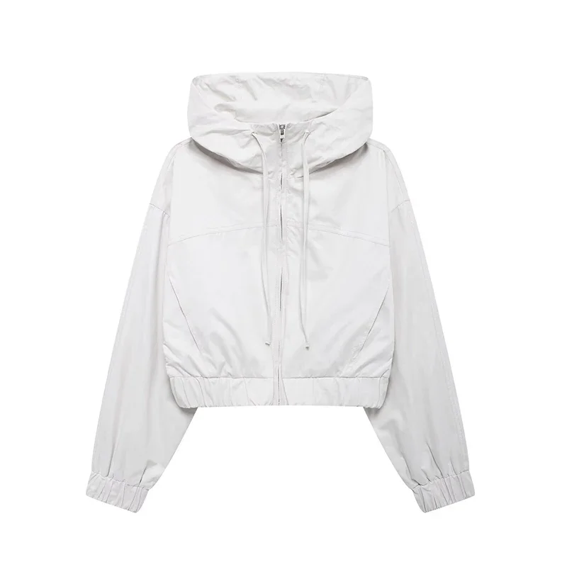 

Women Fashion White Front Zipper Jackets Vintage Hooded Neck Long Sleeves Female Chic Lady Outfits