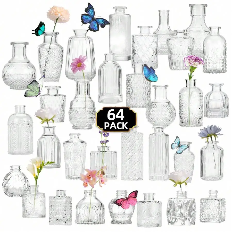 Wholesale Glass Bud Vases Bulk Set Of 64 – Small Business Bulk Purchase For Flower, Rustic Weddings, Centerpieces & Home Decor| Discount Small Order Vases For Florists & Event Planners, Mother's Day Decor, Ideal Mother's Day Gift