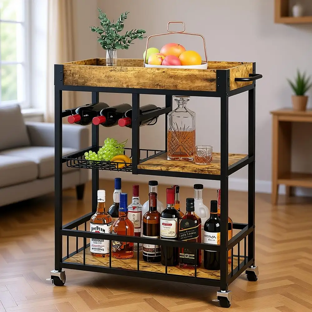 

Винтажная 3-ярусная подставка для вина на колесиках с корзиной и держателем для бокалов, мобильная сервировочная тележка в индустриальном стиле