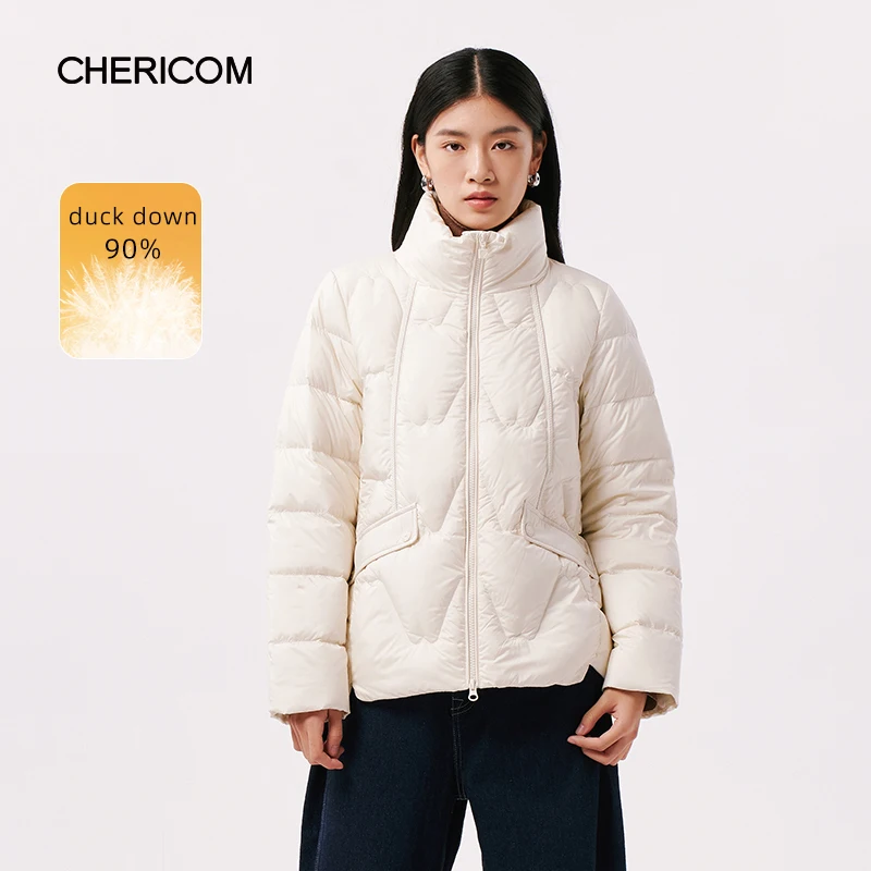 Chericom Short Stand-Up Collar Women's Clothing Winter Down Jacket Split Design Solid Color Soft Versatile Fashion Jacket 299035