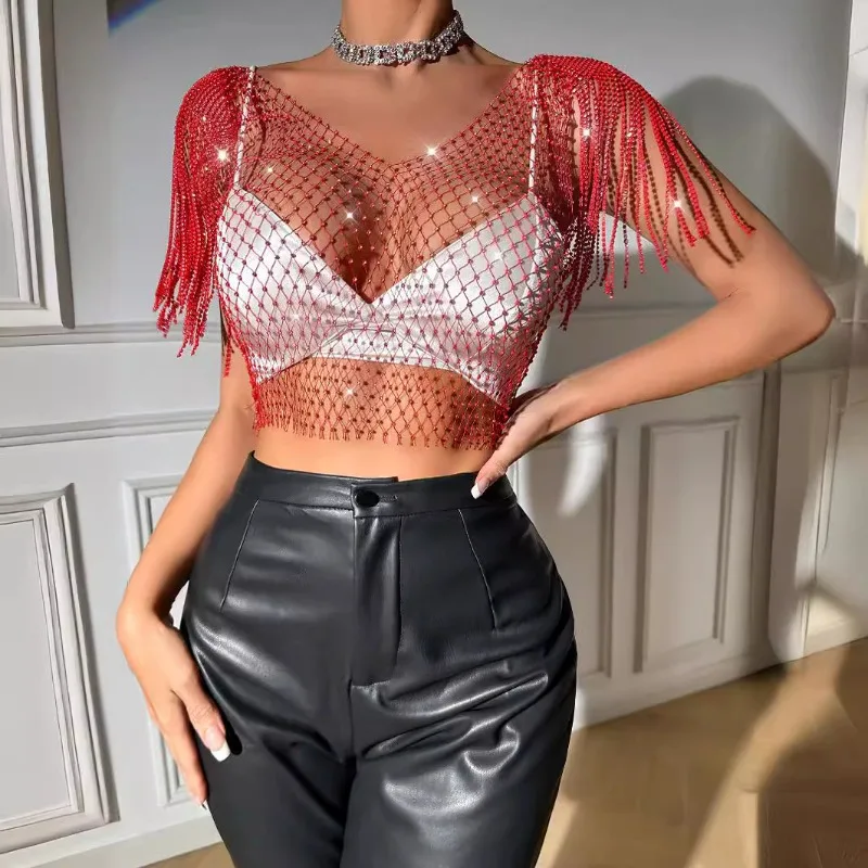 Women's Summer Top Camisole Diamond Sexy Fishnet Sexy Short-sleeved New Casual Minimalist Niche Versatile Fashionable Suitable