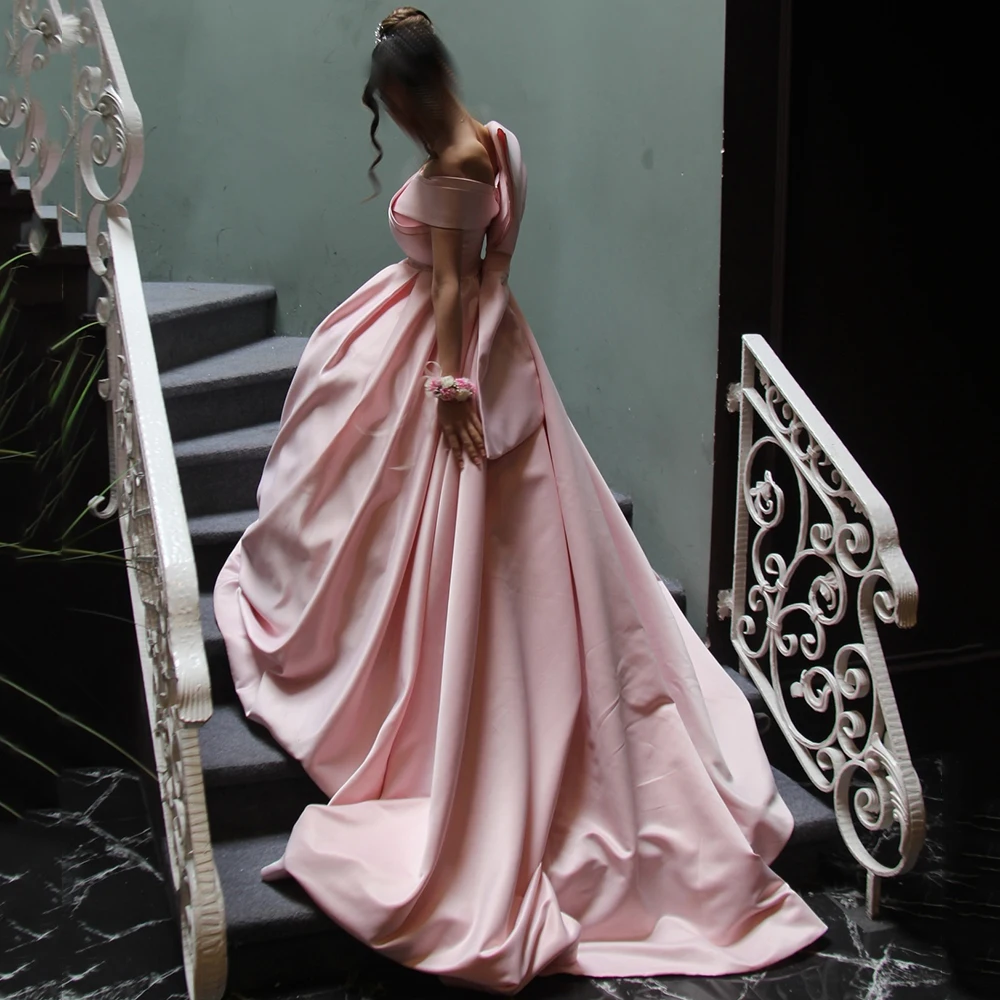 

Customized Simple Pink Sleeveless Satin A-line Evening Dress With Bow Sweep Train Off the Shoulder Floor Length Party Prom Gowns