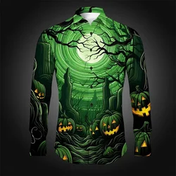 Men's Halloween Pumpkin Ghost Face Shirt, Horror Button Lapel Shirt, Long Sleeve, Party, Evening, Autumn, 3D Printing, 6XL