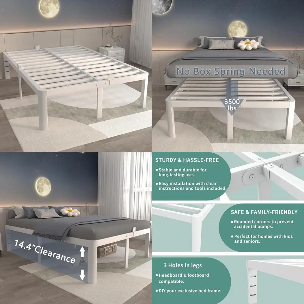 

King Size Metal Bed Frame with 16 White Finish and Round Corner Legs, Including Storage Space, No Box Spring Needed