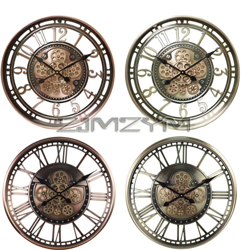 53.5cm Wall Clock with Moving Gears, Roman Numeral Farmhouse Vintage Wall Metal Large Moving Gears Quartz Clock, Glass Cover