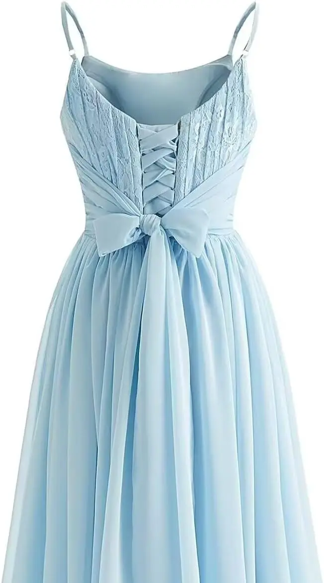 Spaghetti Strap Chiffon Bridesmaid Dresses for Women Long Lace Ruched Aline Scoop Neck Prom Formal Evening Gowns Party Dresses