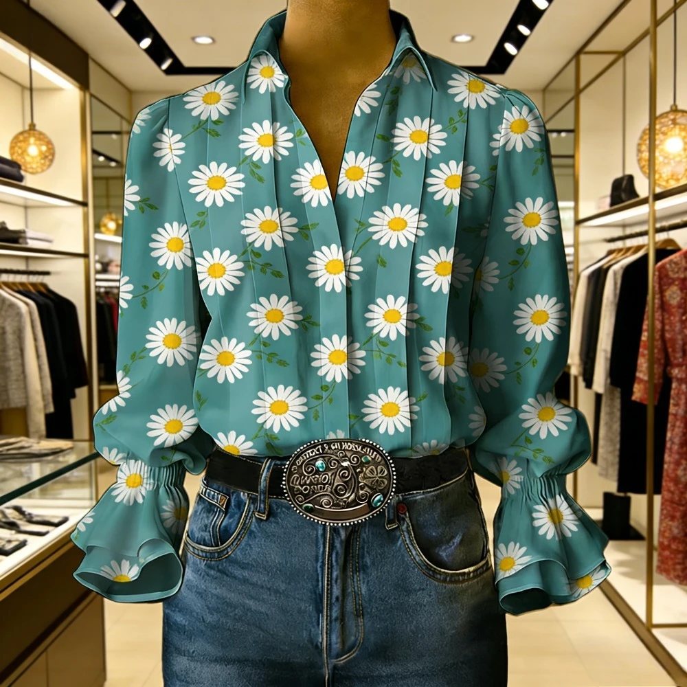 Elegant Water-Ink Pattern Women's Shirt V-Neck Blouse with Ruffled Sleeve Cuffs and Vertical Pleated Bodice ​Boutique Style Tops