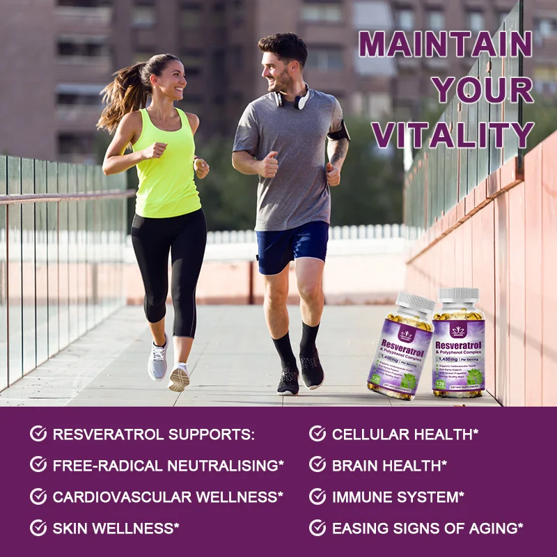 Resveratrol capsule supplement, vitamin C, skin health, antioxidant, supports overall health and metabolism,