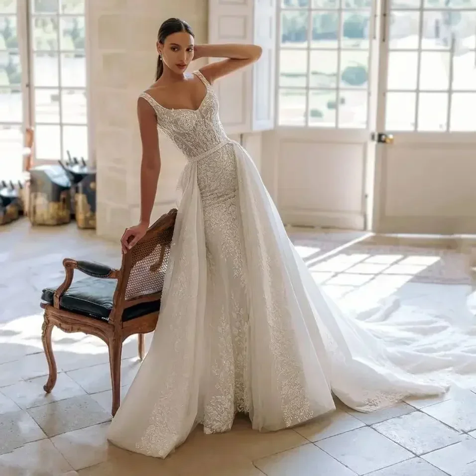 Maßgeschneiderte exquisite Brautkleider für Square-Neck A-Linie Spitze Applikationen Pailletten Braut Party Kleider Vestido De Novia