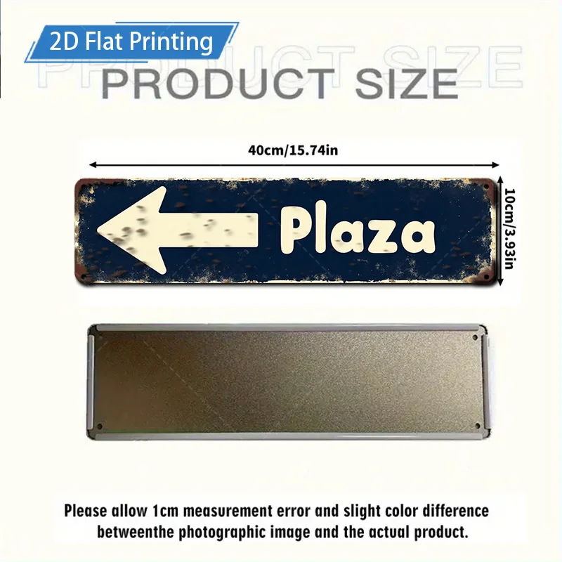 [2D FLAT] علامة معدنية قطعة واحدة، علامة معدنية ريفية مقاس 4 × 16 بوصة "Plaza" ديكور سهم اتجاهي