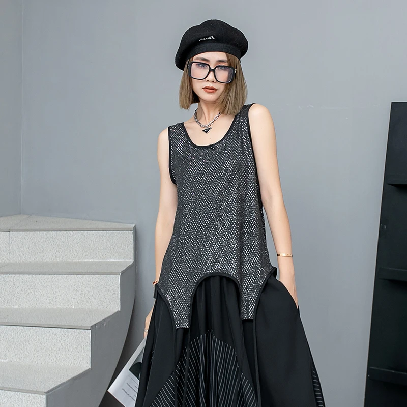 Summer Colorul And Black Personalized Sleeveless Loose Mid Length Bottom Elastic Tank Top Women LX1909