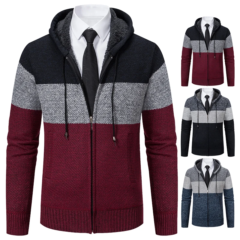 Men\'s Thick Warm Cardigan Striped Fleece Sweater Coat Hooded Jackets Jumper Coar with Cap Y2K Male Clothing