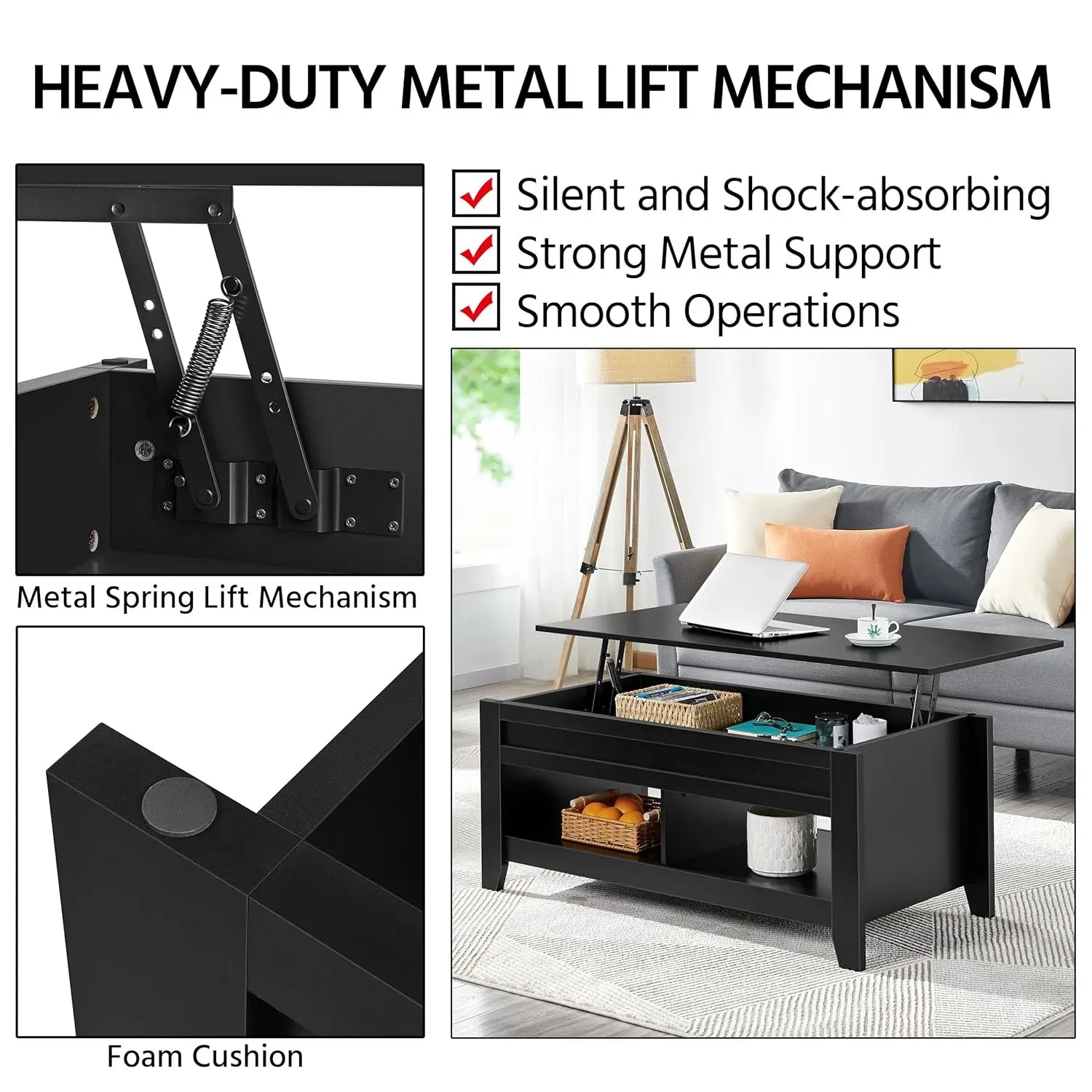 طاولة قهوة قابلة للرفع مع حجرة مخفية ورف تخزين مفتوح، طاولة مركزية قابلة لرفع الارتفاع قابلة للتعديل لغرفة المعيشة