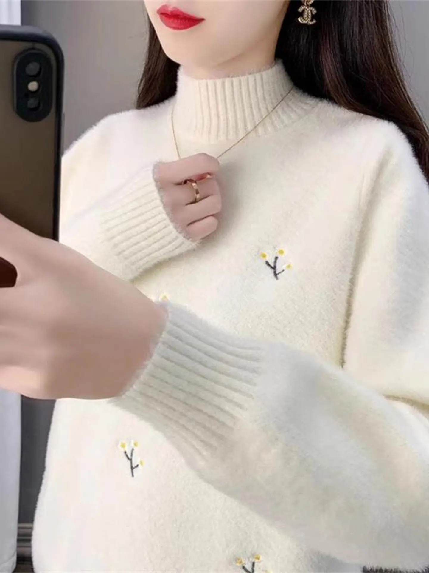 

Thiened Fce f вязаный свитер с высоким воротником женский осенне-зимний свободный вязаный базовый топ маленького размера