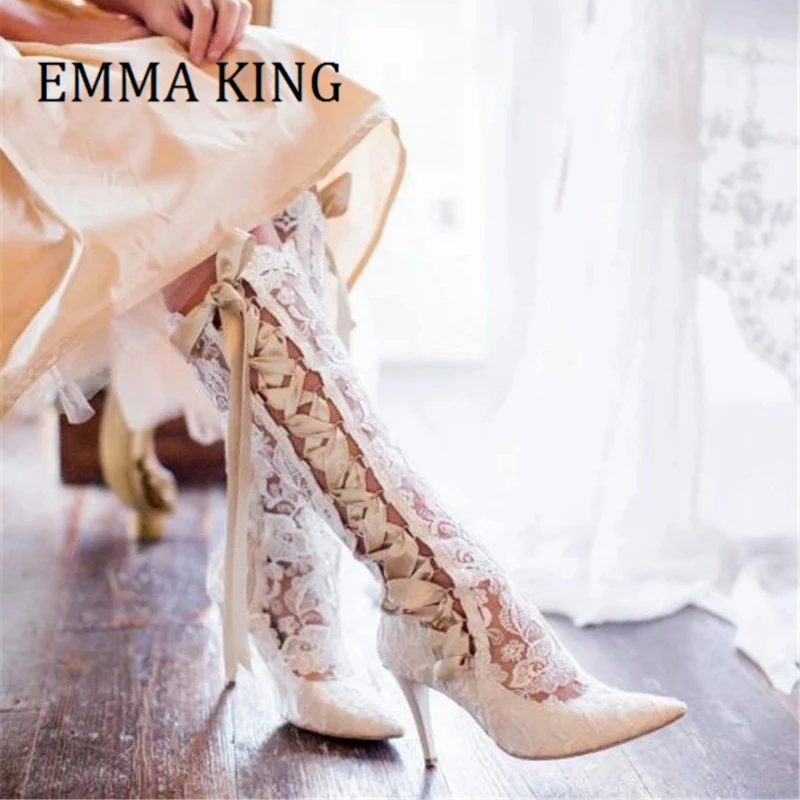 Women Lace Up Knee High Boots Pointed Toe 10cm Stiletto High Heels Boots Lace Bridal Boots Wedding Shoes