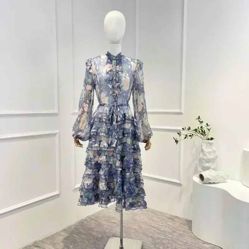 2022 Autumn Top Quality Pure Silk Blue Floral Printing Cascading Frill Ruffles Dresses for Women