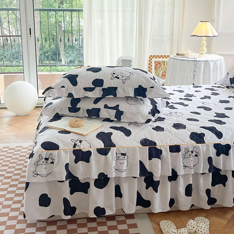 Milk Cow Brushed Macrame Bed Skirt Set, Quilting All Seasons Universal Non-slip Bedding Set, for Bedroom Guest Room Dorm Hotel