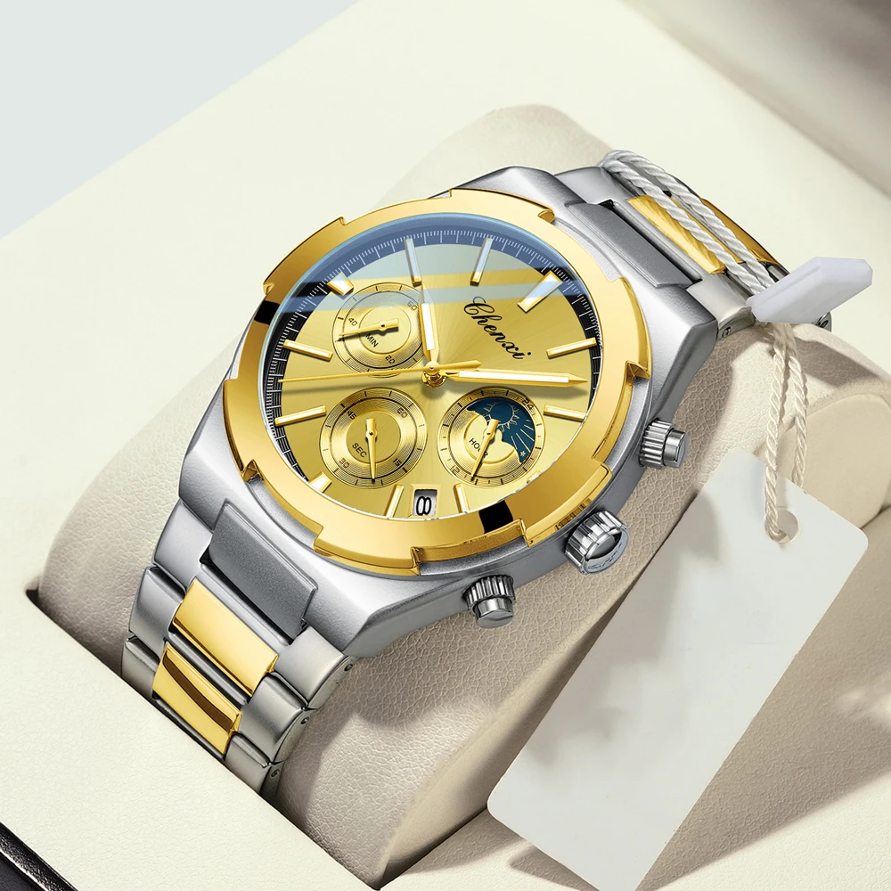 

Мужские многофункциональные кварцевые часы CHENXI с календарем, фазами луны, хронографом и водонепроницаемостью.