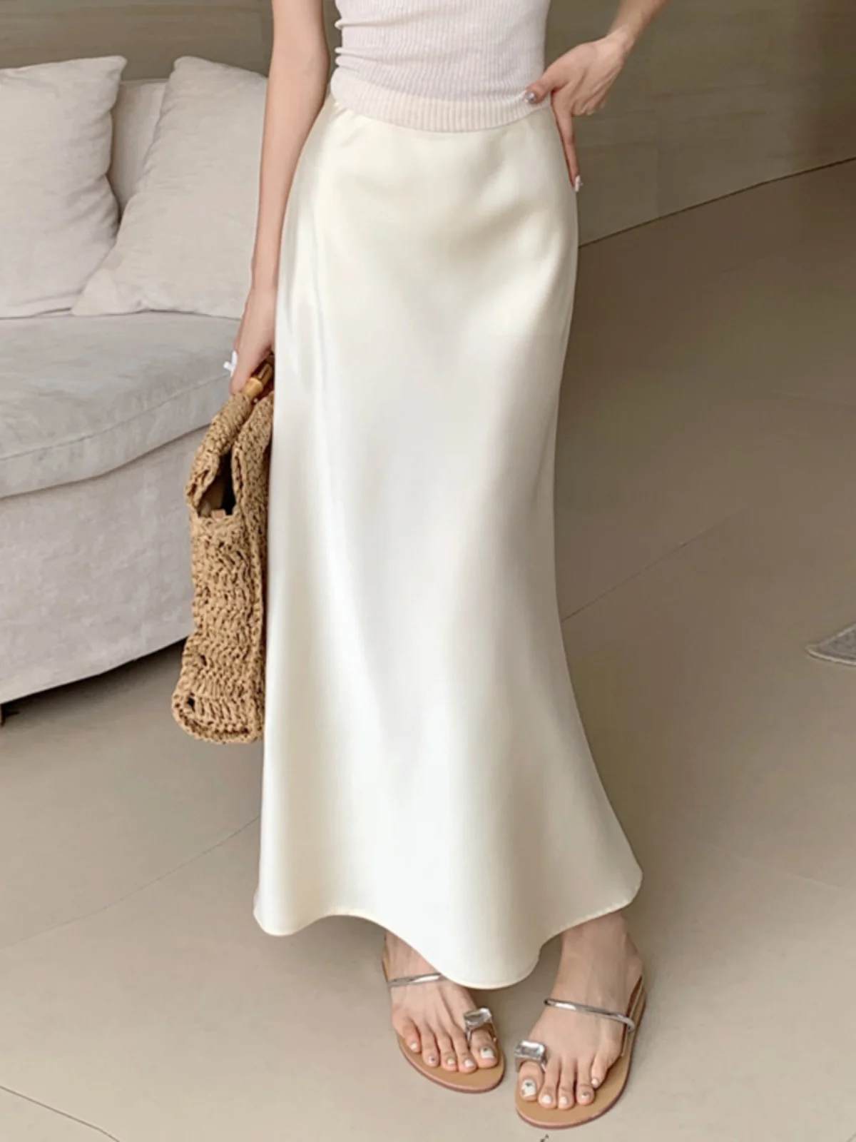 Apricot French sle Acetate Satin Skirt Women's Spring Summer New High Waist Sheath Fishtail Long dress High-Grade Slimming