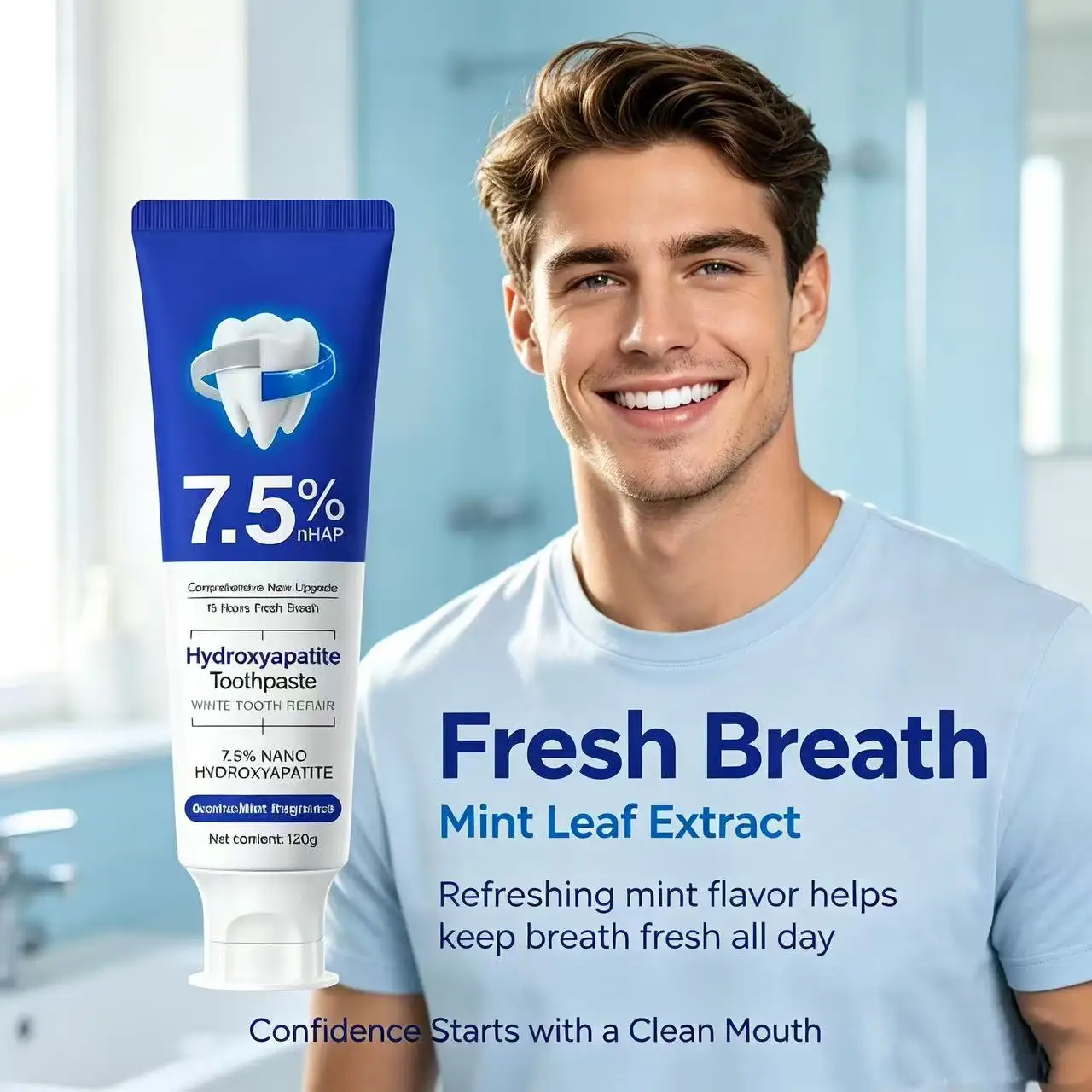 Toothpaste with 7.5% Nanohydroxyapatite to Remove Coffee and Tea Sms, Improve Bad Breath, Prevent Caries and Clarify Teeth