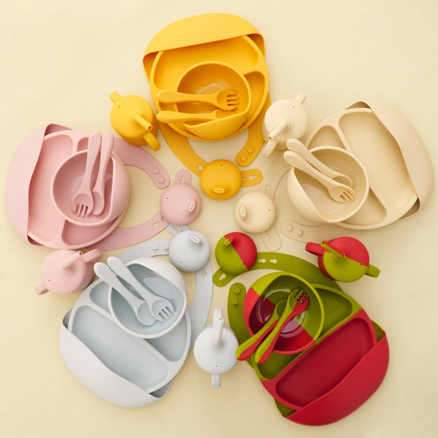 6PCS Baby Silicone Tableware Sets Colorful Bibs Suction Bowl Portable Plate Soft Spoon Fork Leakproof Cups With Duckbill Lid