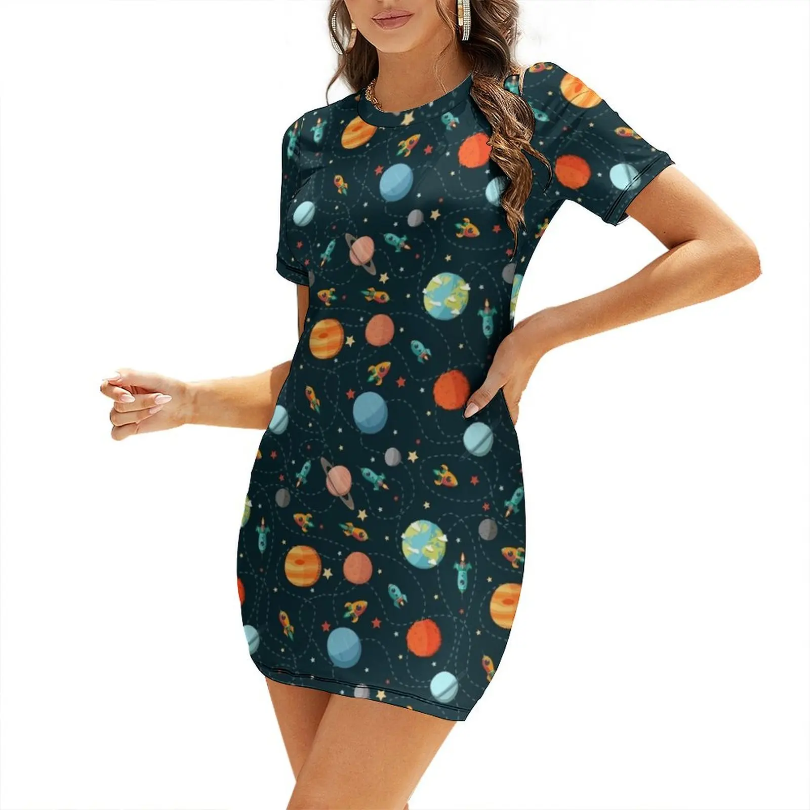 Space Adventure Short Sleeved Dress Women's long dress prom dress summer clothes for women