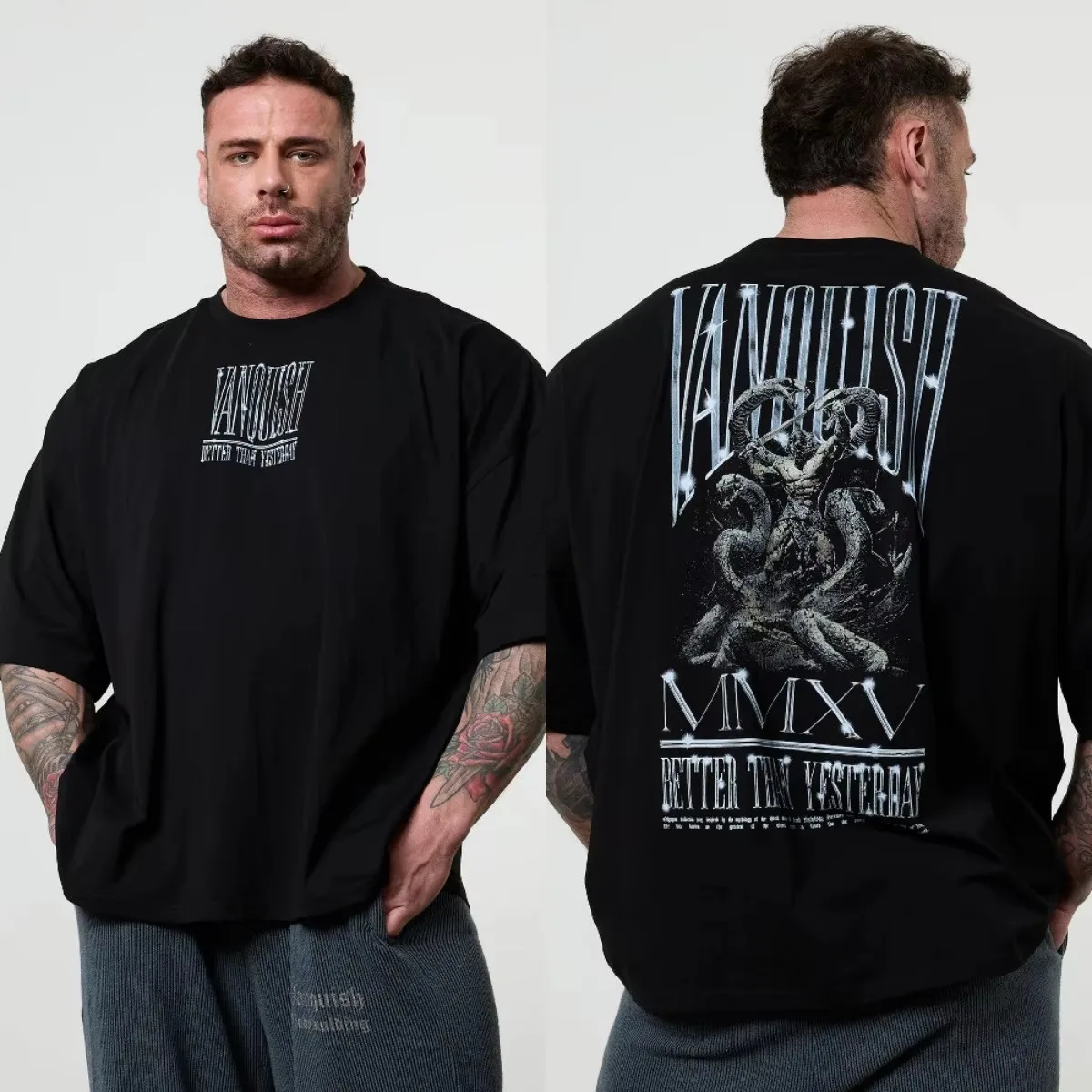 2026 Men Retro Three Head Beast Graphic T Shirt Front and Back Print Crew Neck Short Sleeve Tees Black Oversized Gym Cotton Tops