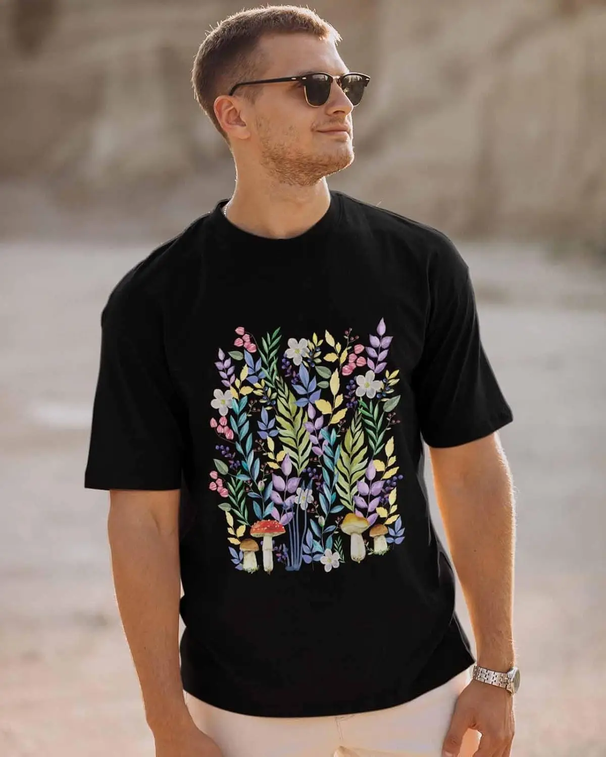 Men's T-Shirt, Novelty Graphic T-Shirt Blue Purple Leaves Flowers Mushroom Cotton Crew Neck Men's Short