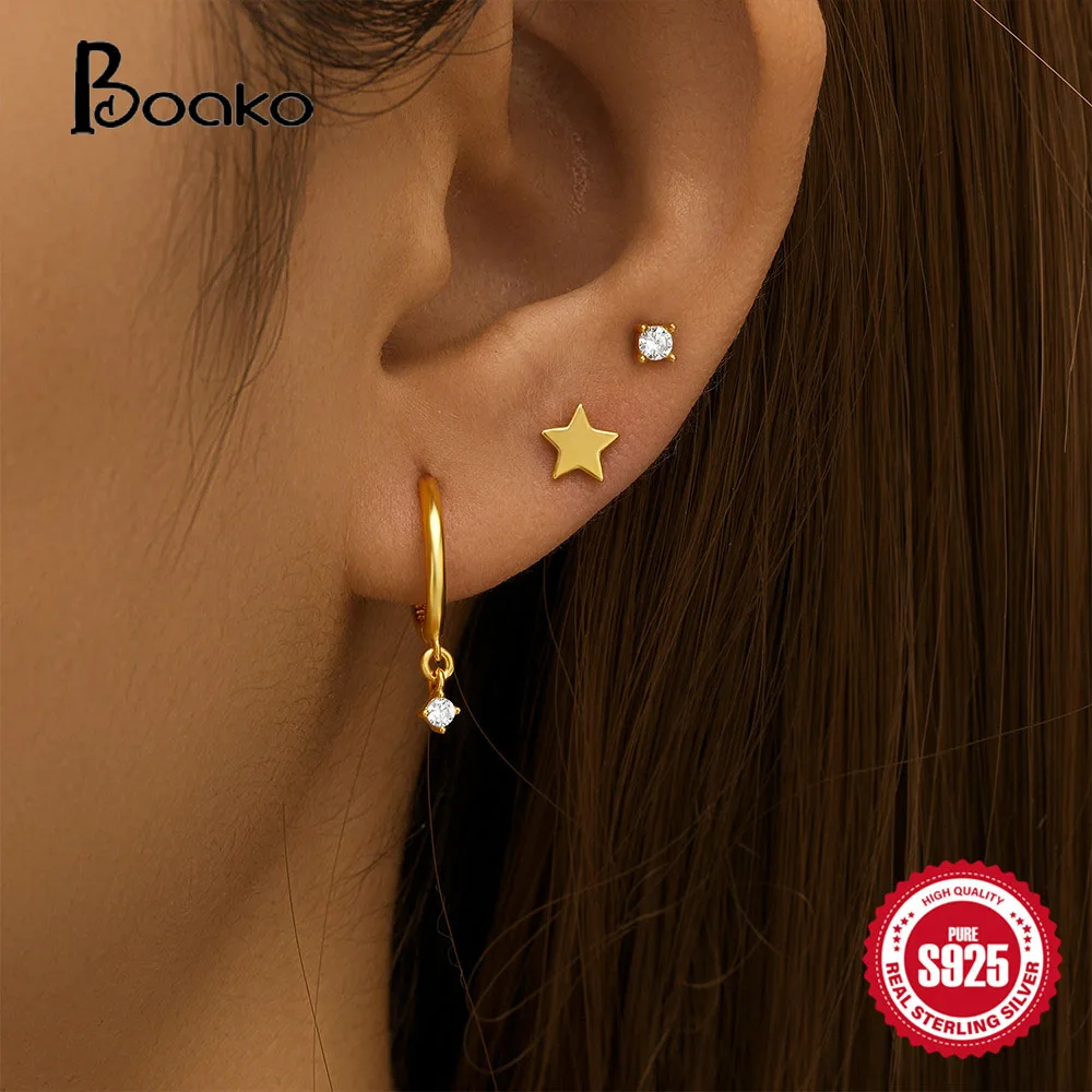 BOAKO 925 Sterling Silver Glossy Star Earrings Set For Women Girl Luxurious Zircon Ear Pierced 3 Piece Engagement Jewelry Gift