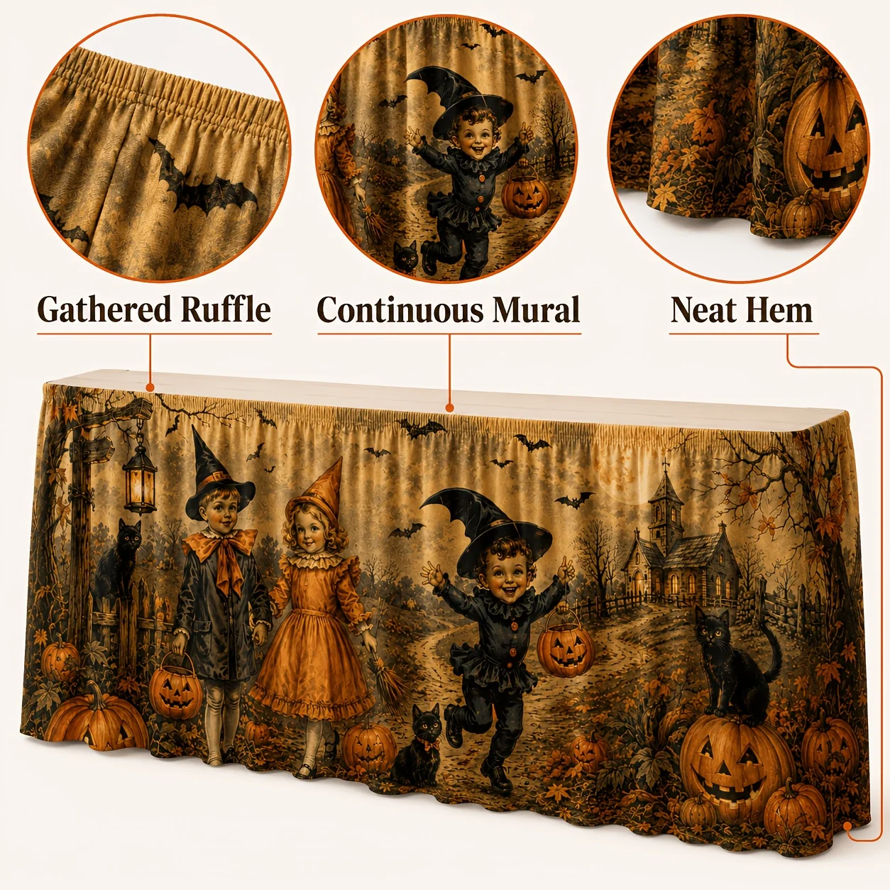 Tablecloth or table skirt: 1 piece. Retro Halloween ruffled table skirt. Black cat, bat, pumpkin long-style table decoration.zyc