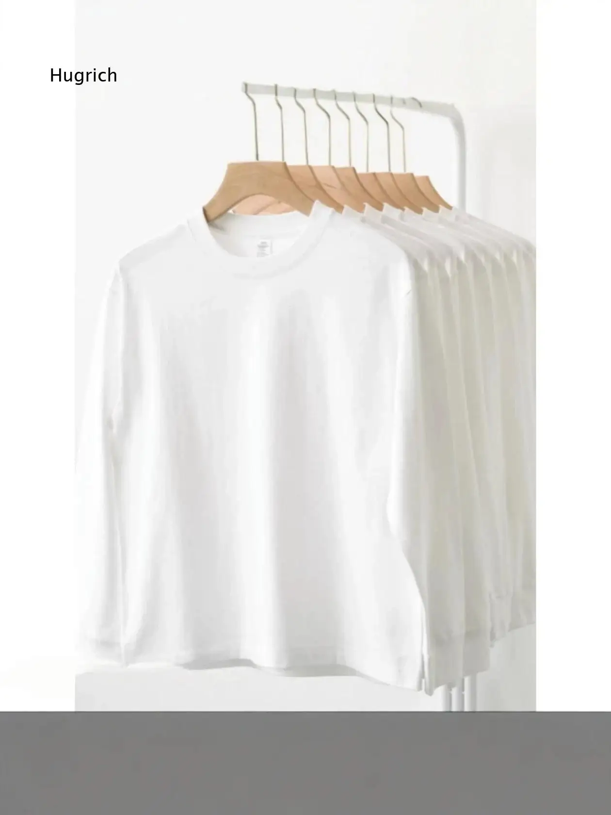 Mens White 300 Gram Heavy Weight Long Sleeve Pure Cotton T Shirt For Autumn American Crew Neck Loose Solid Color Top For Inner