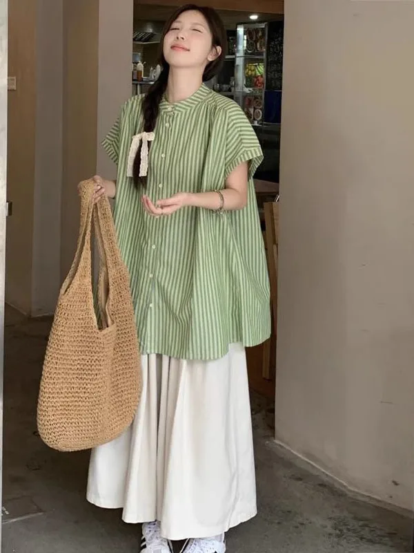

Mint Wave Summer 2025 Women's High Waist Wide Leg Pants Shirt Two Piece Set Short Sleeve Striped Women's Fashion Ensemble