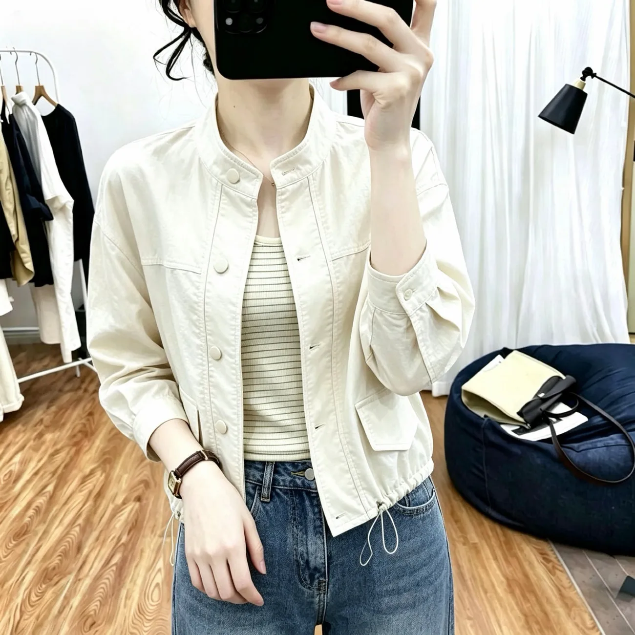Women Beige Mandarin Collar Short Loose Jacket Single Breasted Button Front Casual Spring Summer Outerwear Lightweight Cotton