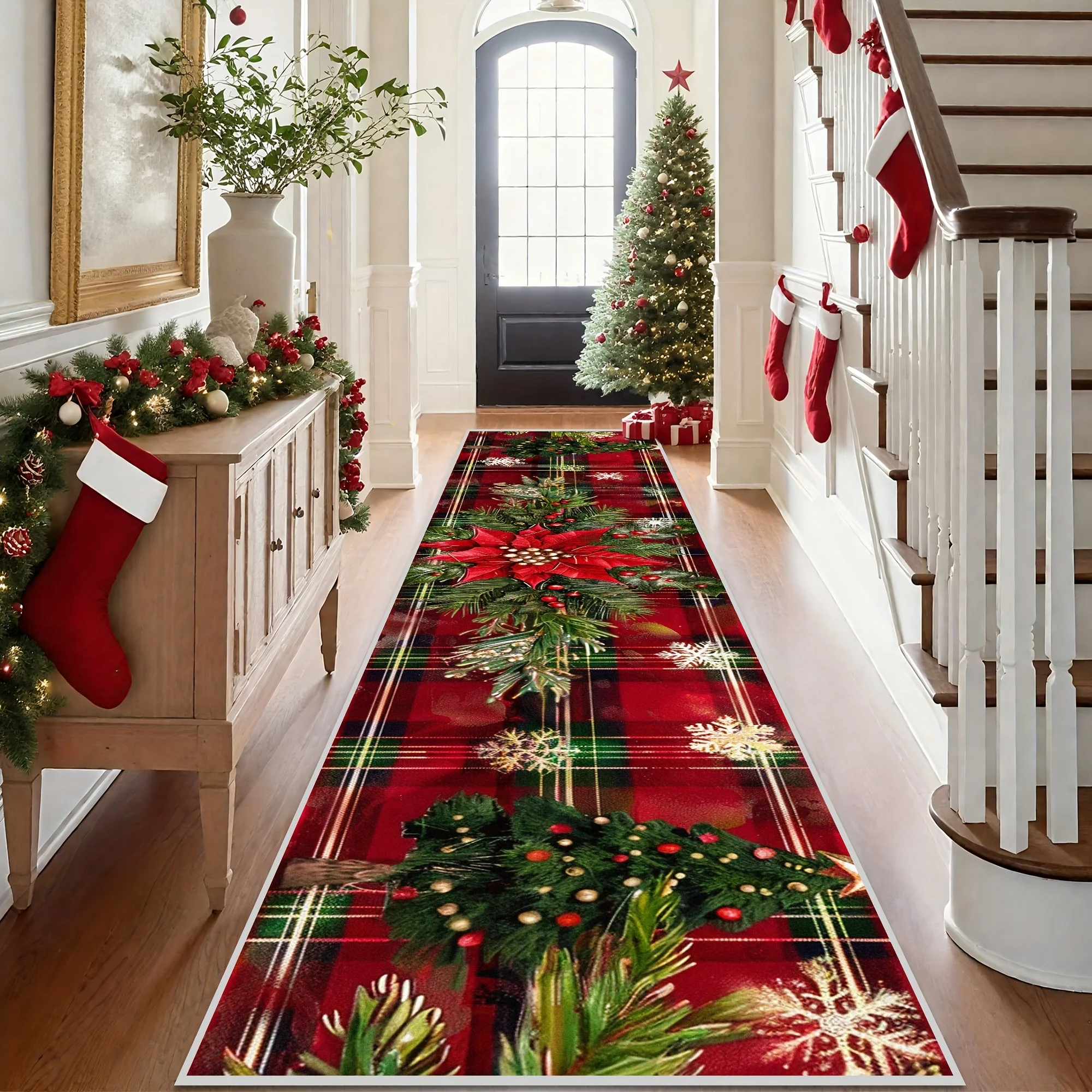 Festive Christmas Runner Rug Red Plaid Xmas Tree Snowflake Carpet For Hallway Luxury Living Room Stairs Entrance Long Floor Mat