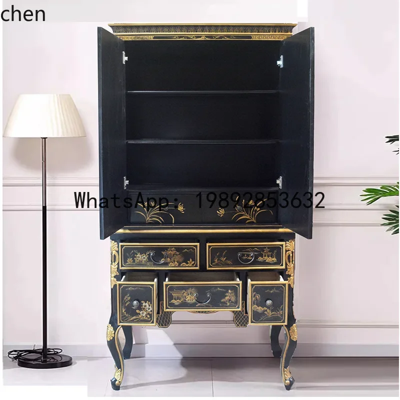 

H29- New Chinese Classical Hand-painted Wardrobe Entryway Cabinet Vintage Solid Wood Partition Cabinet