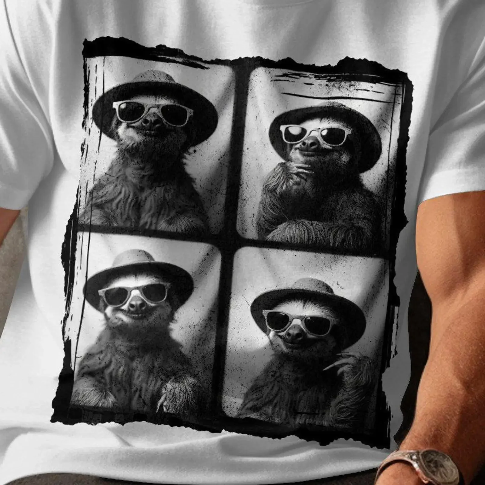 Funny Sloth Photo Booth T Shirt Cool Hipster with Sunglasses Retro Quirky Lover  vintage Washed Slightly Stylish fashion