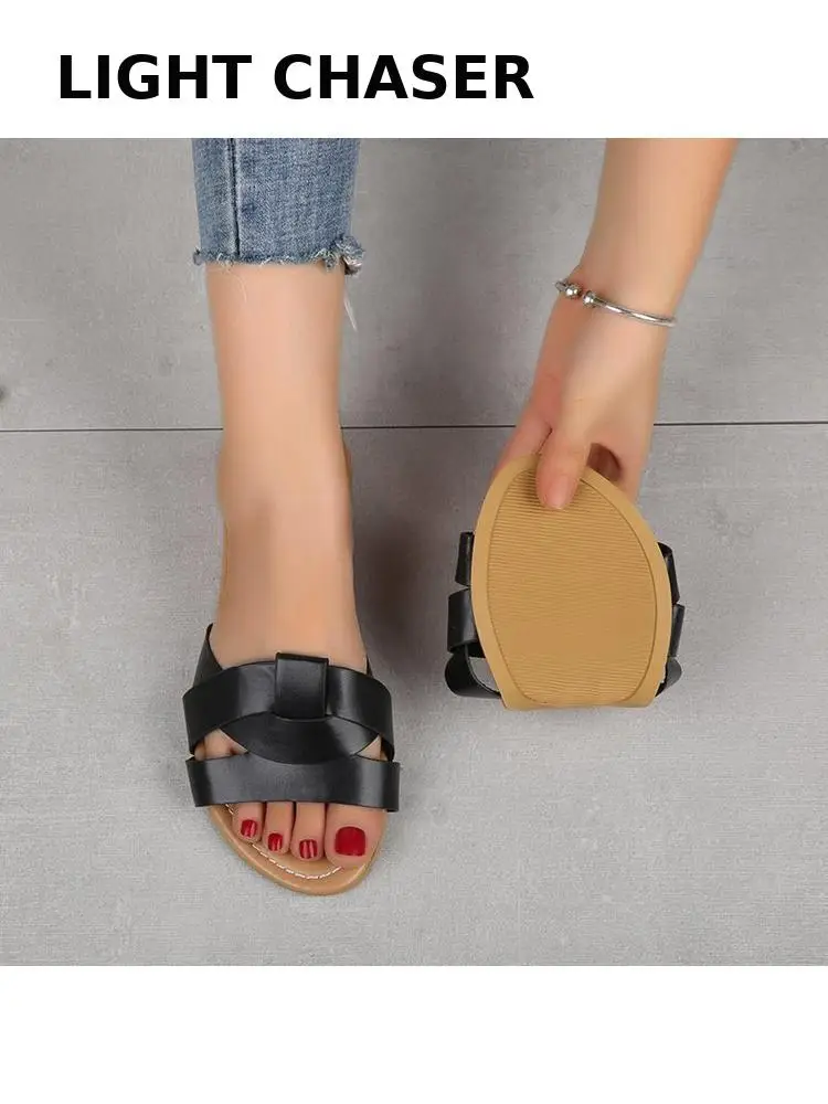 Woman Flat Slippers Summer 2022 New Stylish Pleated Sandals For Women Casual Flip Flops Pure Color Women's Shoes Large Size 42