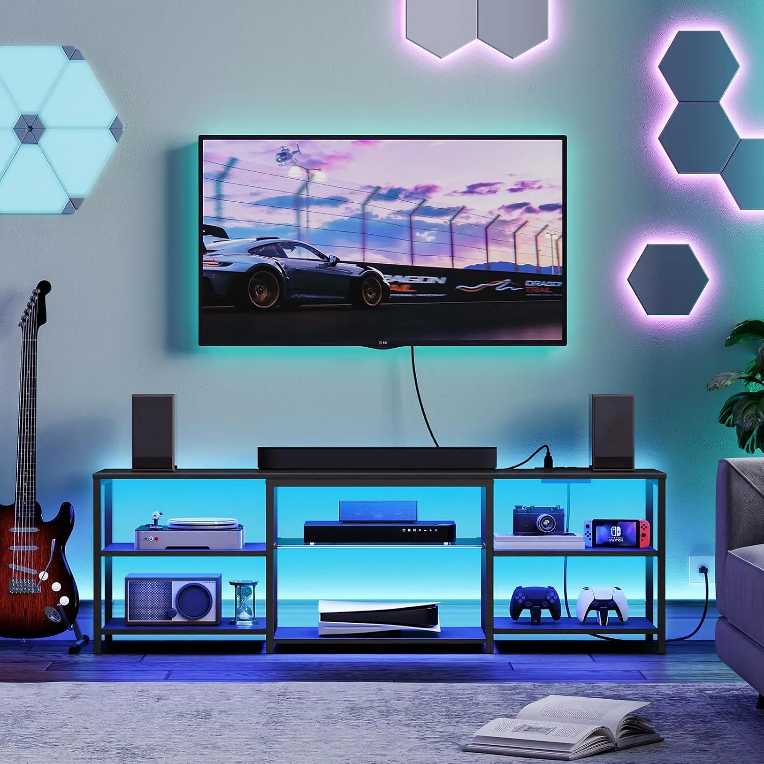 

LED TV Stand for 75 Inch TVs Charging Station, Gaming Entertainment Center 3-Tier Open Storage, Long 63” Media TV Console Table