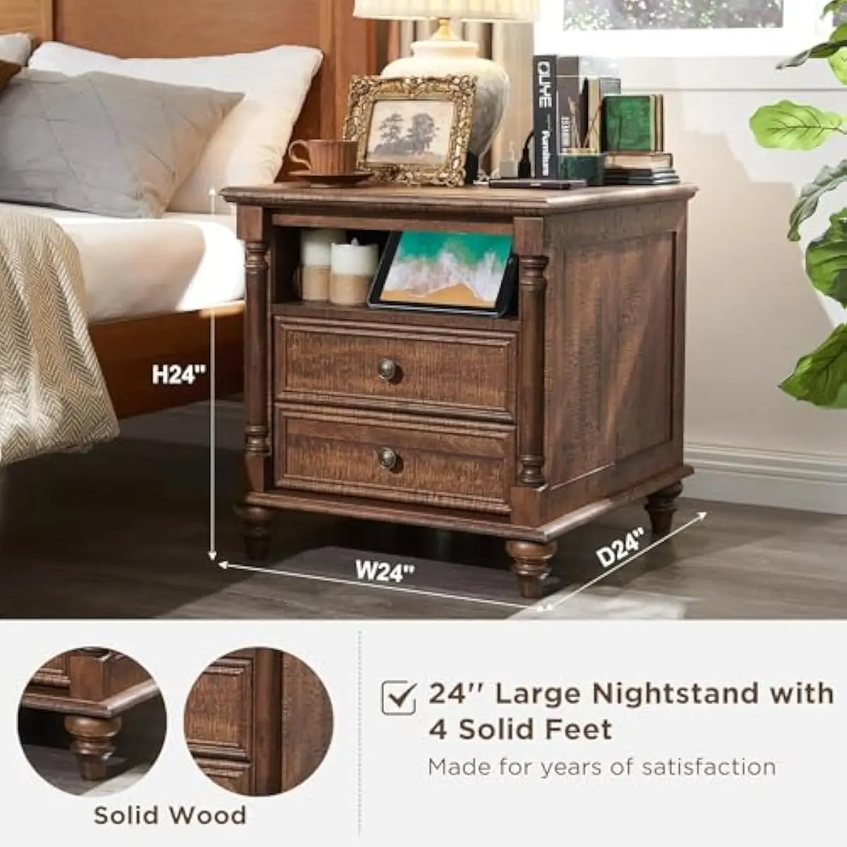 24 Inch Rustic Nightstands Set of 2 with Dual Smooth-Glide Drawers Deep Cubby Storage and Built-In Charging Station Featuring Re