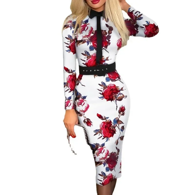 Office Lady Vintage Print Long Sleeve Belt Slim Bodycon Dress Women Summer New Elegant Fashion Commute Dresses Vestidos Feminino