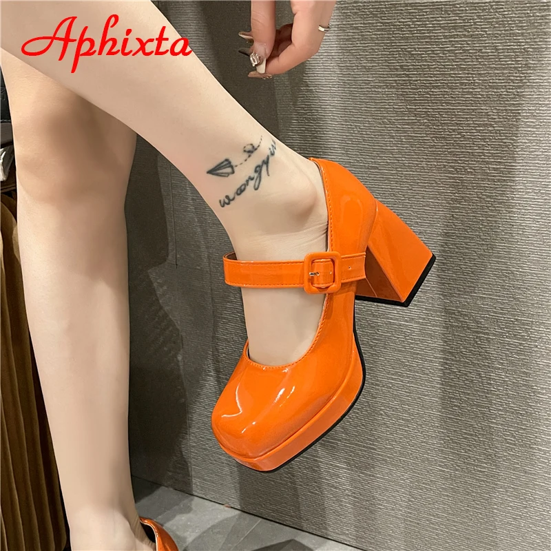 Aphixta 2023 New Platform Square Toe Pumps Women Shoes 7cm Chunky Heels Orange Anti-drop Pimp Buckle Pumps Plus Big Size 35-45