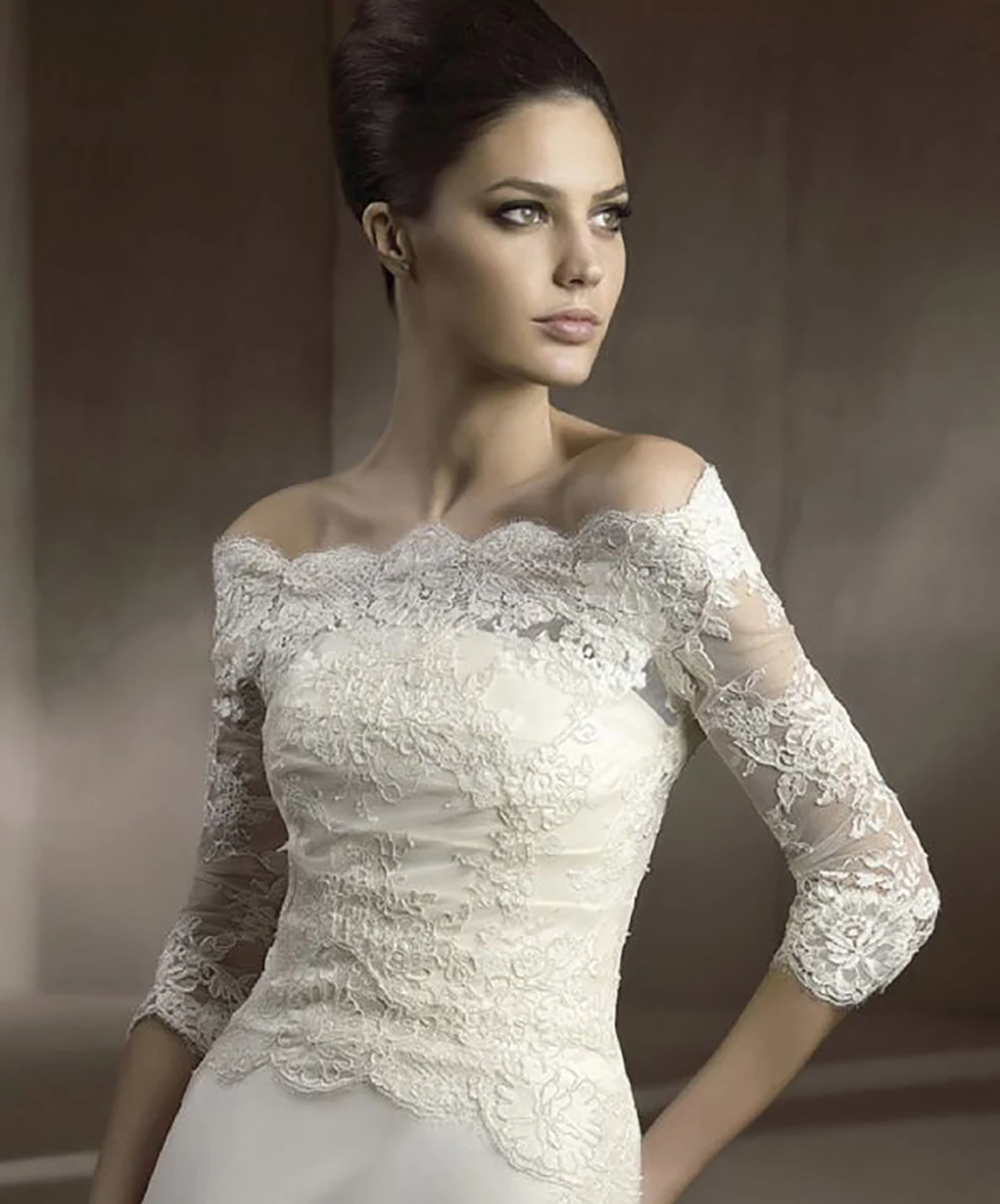  Glamorous Lace Applique Wedding Jacket Off The Shoulder 3/4 Sleeves Bridal Bolero Back Button Women Wraps For Bride Customized