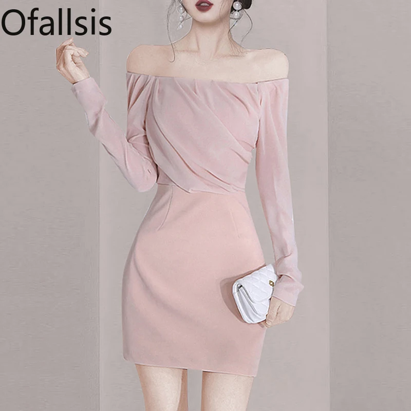 Ofallsis Off Shoulder Pink Long Sleeve Party Dress 2024 New Women's Early Spring Sexy Backless Temperament Slim Fit Dresses