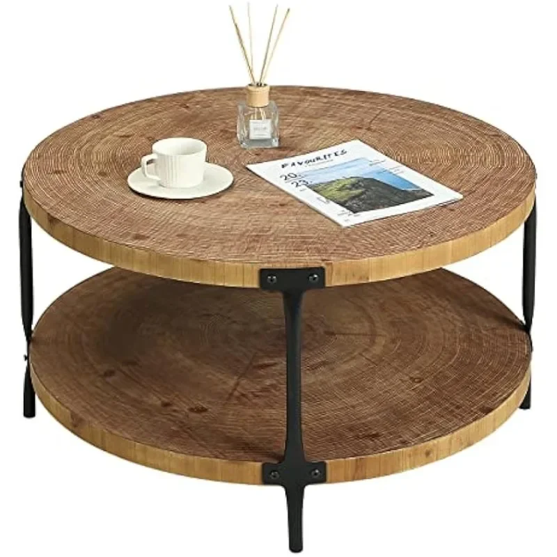 

Round Boho Wood Coffee Table - 29.1" Farmhouse Natural Circle Wooden 2-Tier Coffee Tables Living Room Furniture, Natural