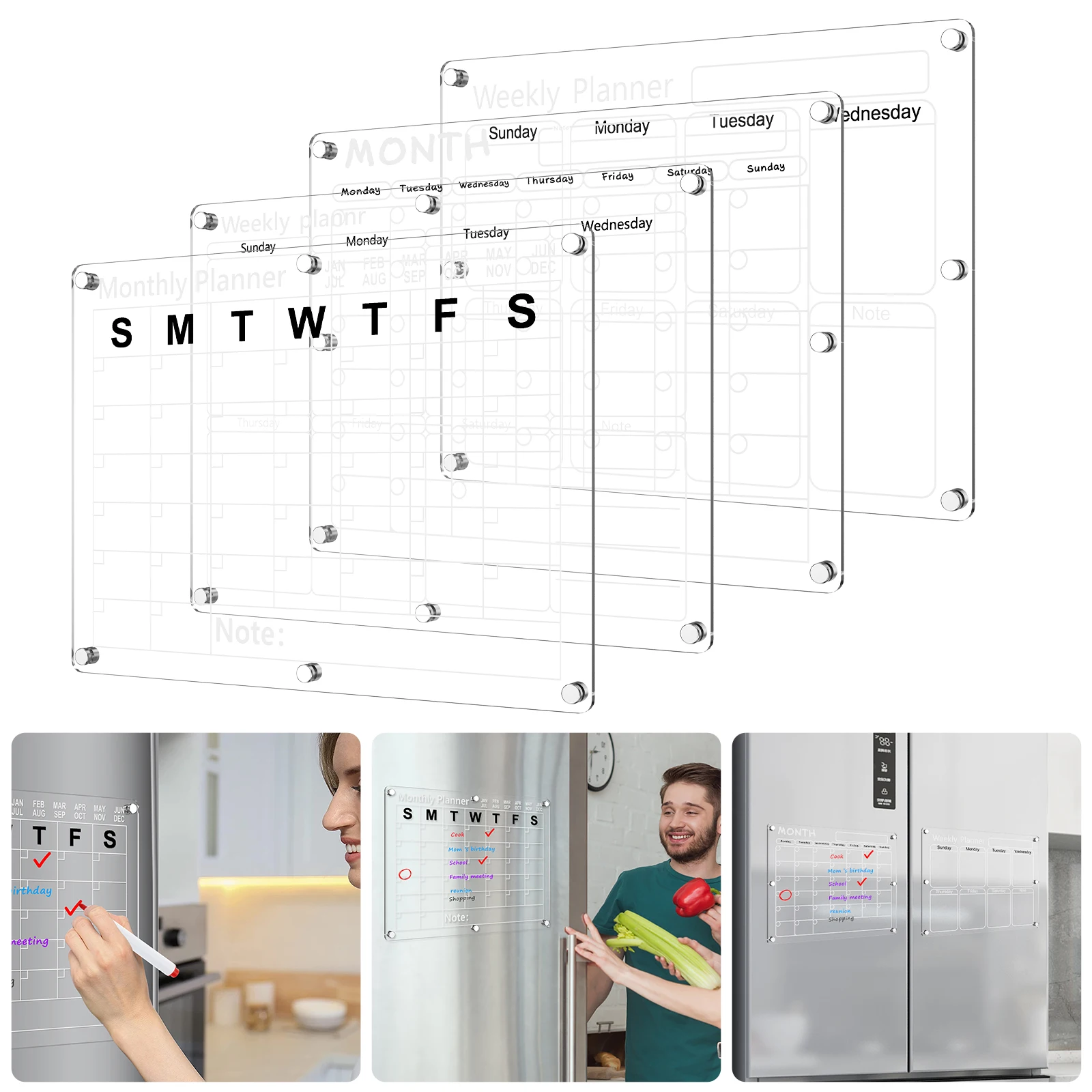 Acrylic Magnetic Calendar Set Transparent Planning Board Dry Erase Calendar with 4 Marker Pens Pen Holder Eraser Reusable