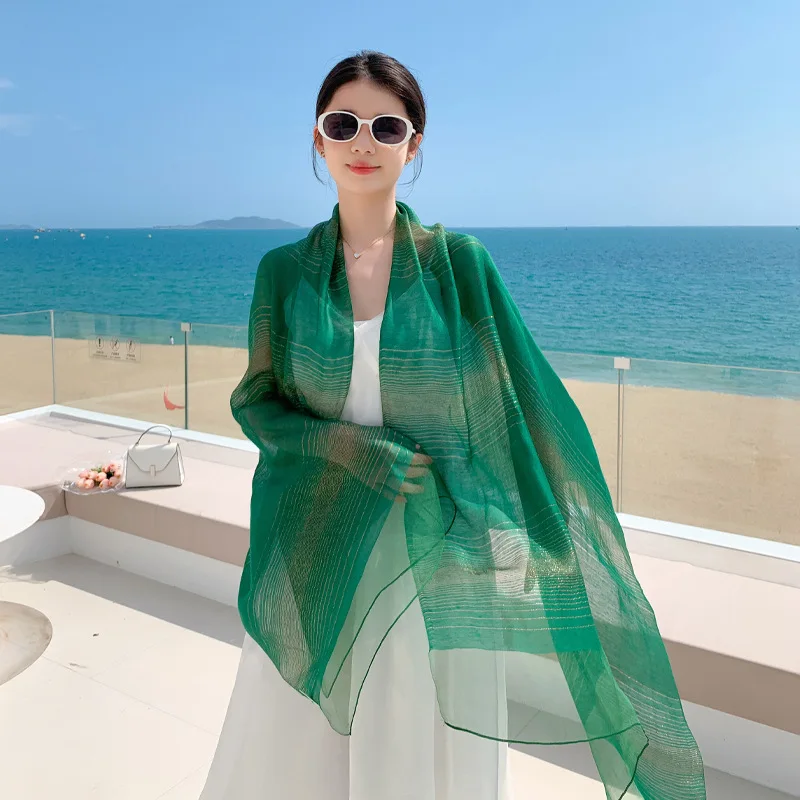 Spring Summer New Silk Scarf Extended Fashion Silk Scarf Women's Beach Vacation Advanced Sunscreen Cloak