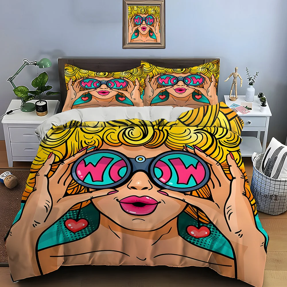 Retro-Pop-Art-Frau mit Brille Bettwäsche-Set für Kinder Luxus-Geschenk 3-teiliges Digitaldruck-Bettdecken-Set Weich Bequem Atmungsaktiv