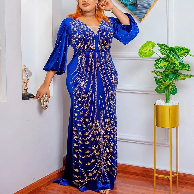 Plus Size African Party Long Dresses for Women 2023 New Dashiki Ankara Velvet Evening Gowns Turkey Outfits Robe Africa Clothing